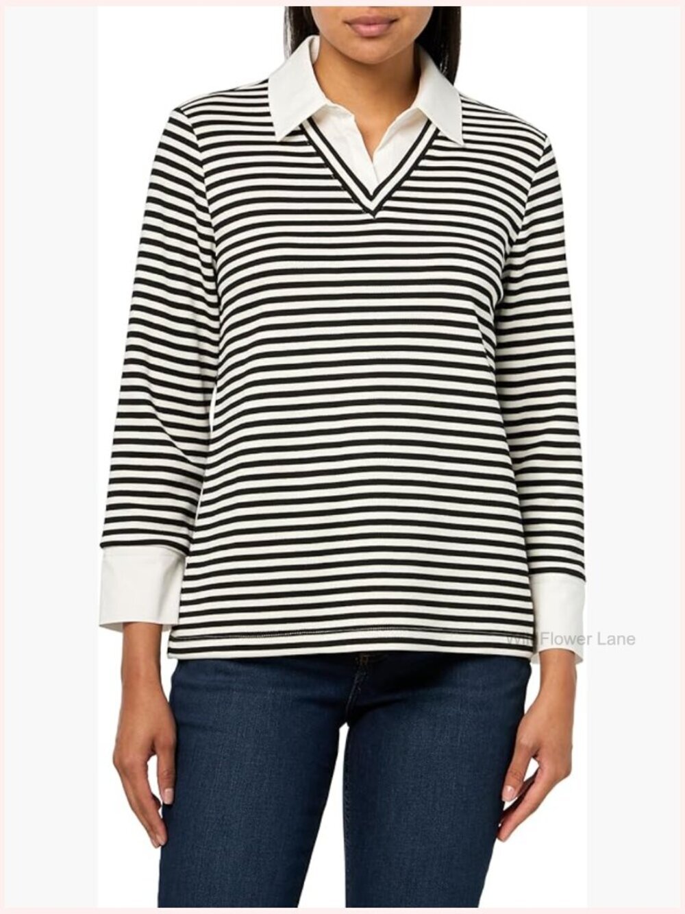 Women's 3/4 Sleeve Striped Pique Top with Poplin Collar